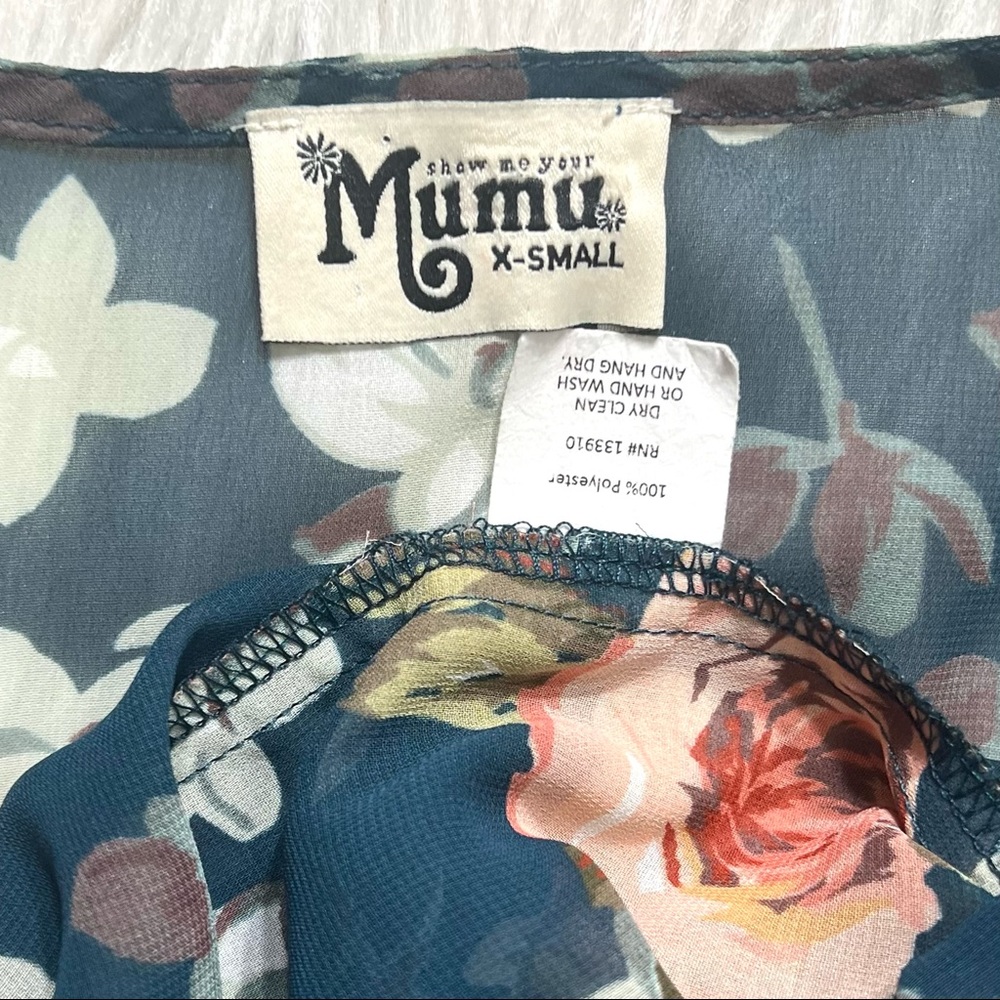 Show Me Your Mumu Teal Floral Tie Neck Bell Sleeve Ruffled Peplum Peasant Blouse - Picture 8 of 9